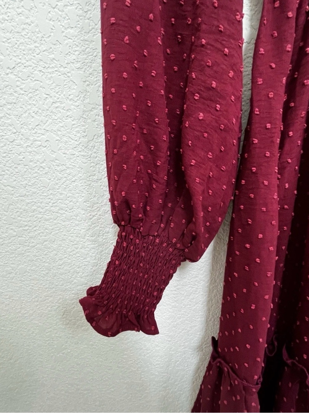 Smocked Bodice Burgundy Maxi Dress with Long Sleeves - Picture 5 of 9